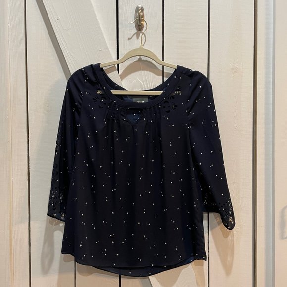 Maeve anthro blue white star print laser cut blouse 2 - Picture 2 of 6